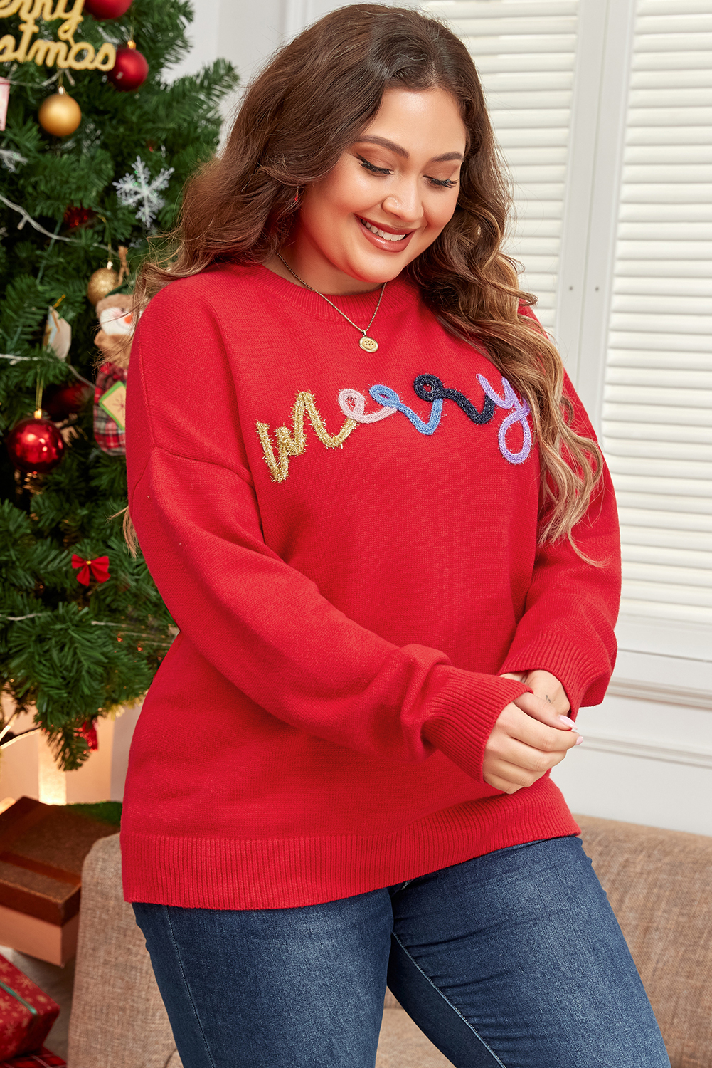 Plus Size Fiery Red Tinsel merry Pattern Drop Shoulder  Sweater