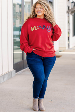 Plus Size Fiery Red Tinsel merry Pattern Drop Shoulder  Sweater