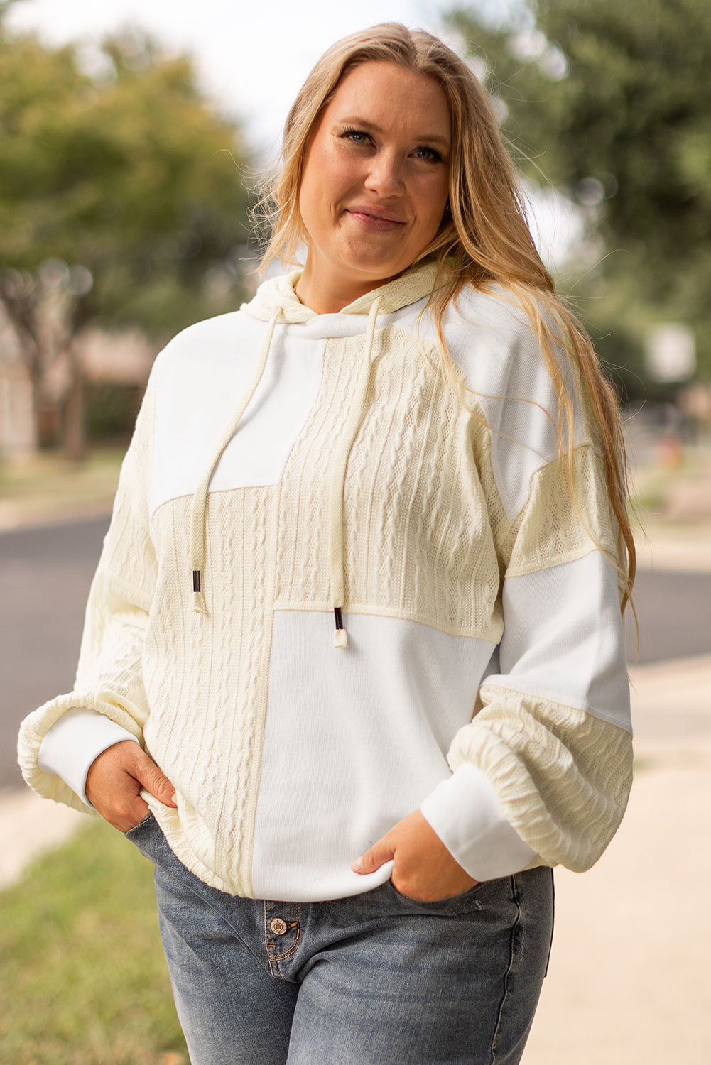 Plus Size Beige Textured Patchwork Exposed Seam  Hoodie