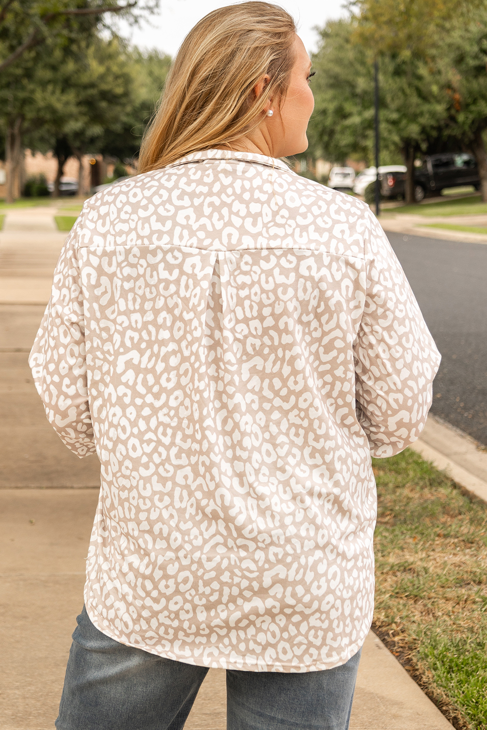 Plus Size Apricot Leopard Tab Sleeve V Neck  Top