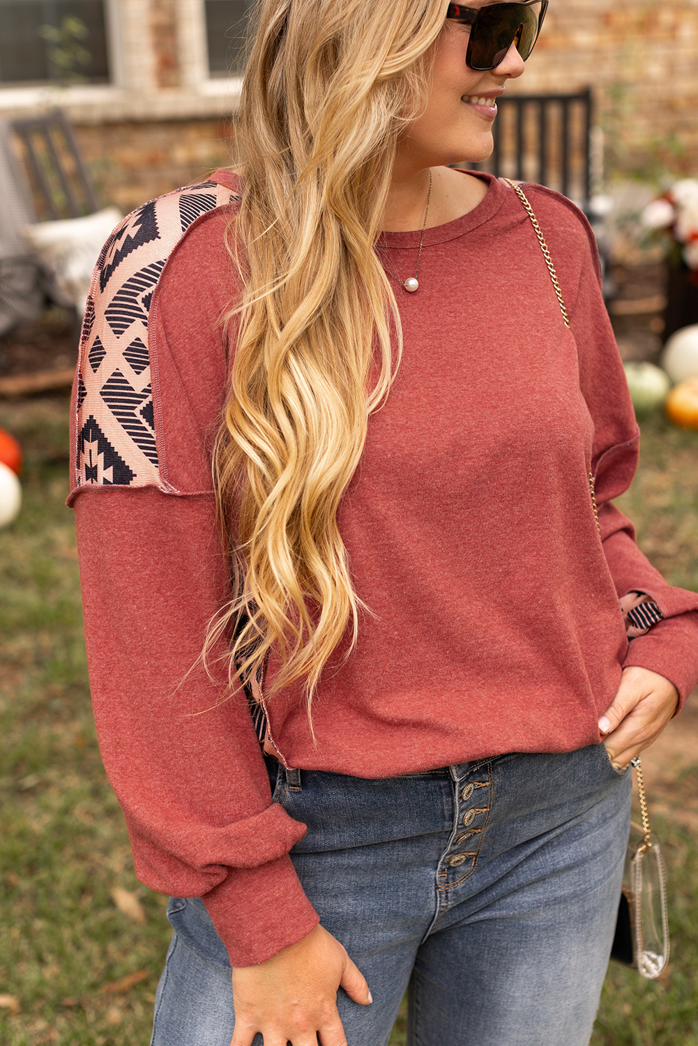 Plus Size Redwood Burl Aztec Patchwork Drop Shoulder  High Low Sweatshirt