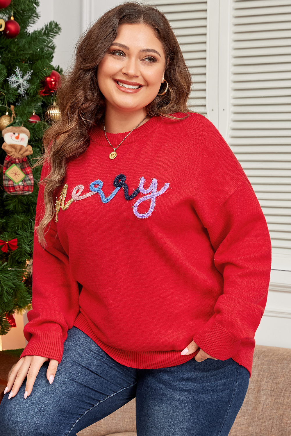 Plus Size Fiery Red Tinsel merry Pattern Drop Shoulder  Sweater