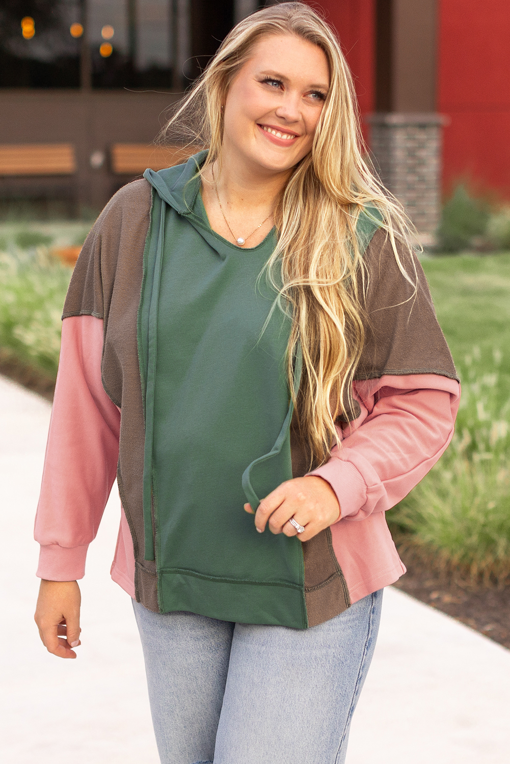 Plus Size Breen  Colorblock Patchwork V Neck Hoodie