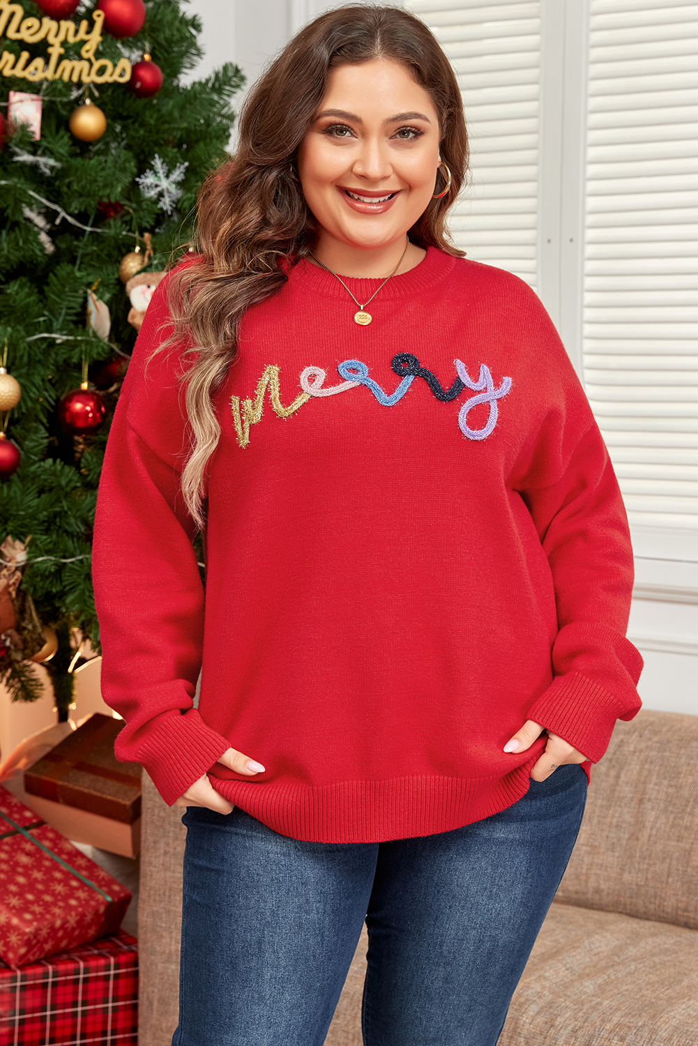 Plus Size Fiery Red Tinsel merry Pattern Drop Shoulder  Sweater