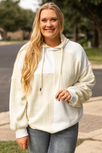 Plus Size Beige Textured Patchwork Exposed Seam  Hoodie