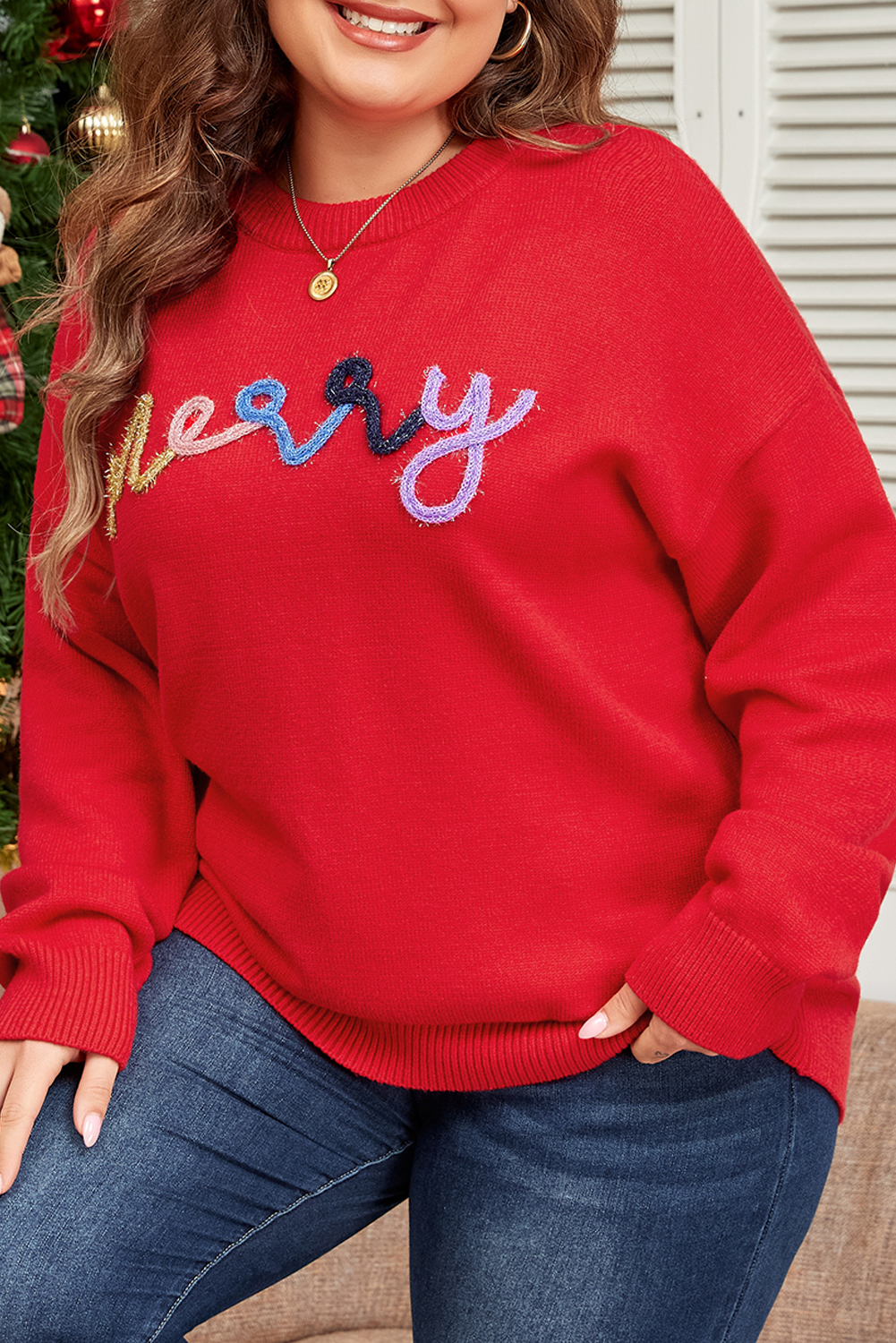 Plus Size Fiery Red Tinsel merry Pattern Drop Shoulder  Sweater