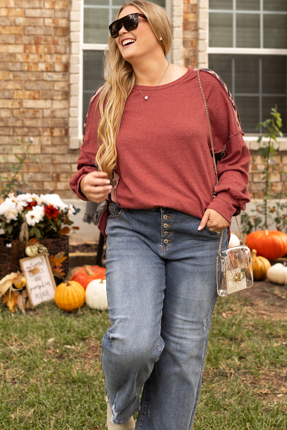 Plus Size Redwood Burl Aztec Patchwork Drop Shoulder  High Low Sweatshirt