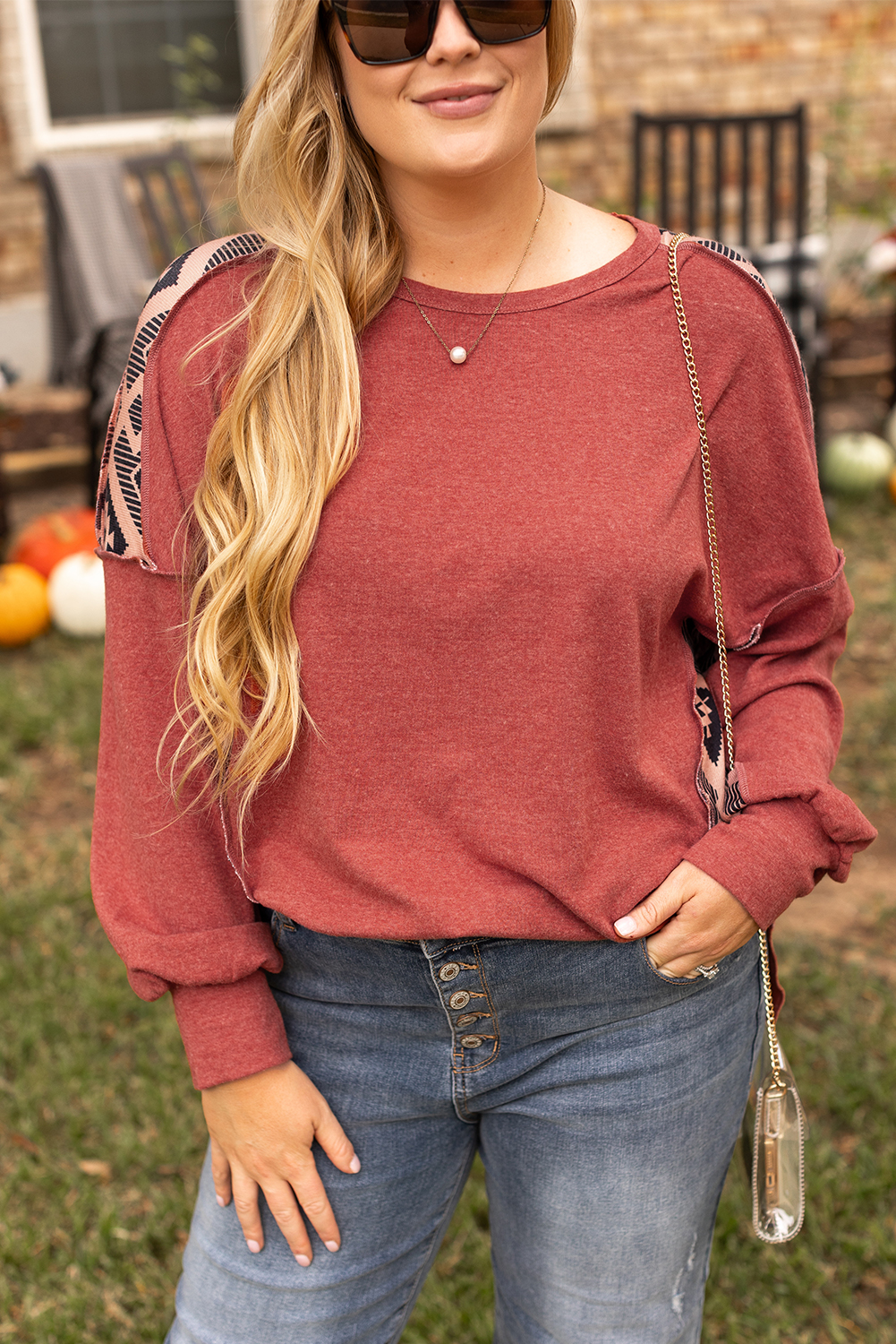 Plus Size Redwood Burl Aztec Patchwork Drop Shoulder  High Low Sweatshirt