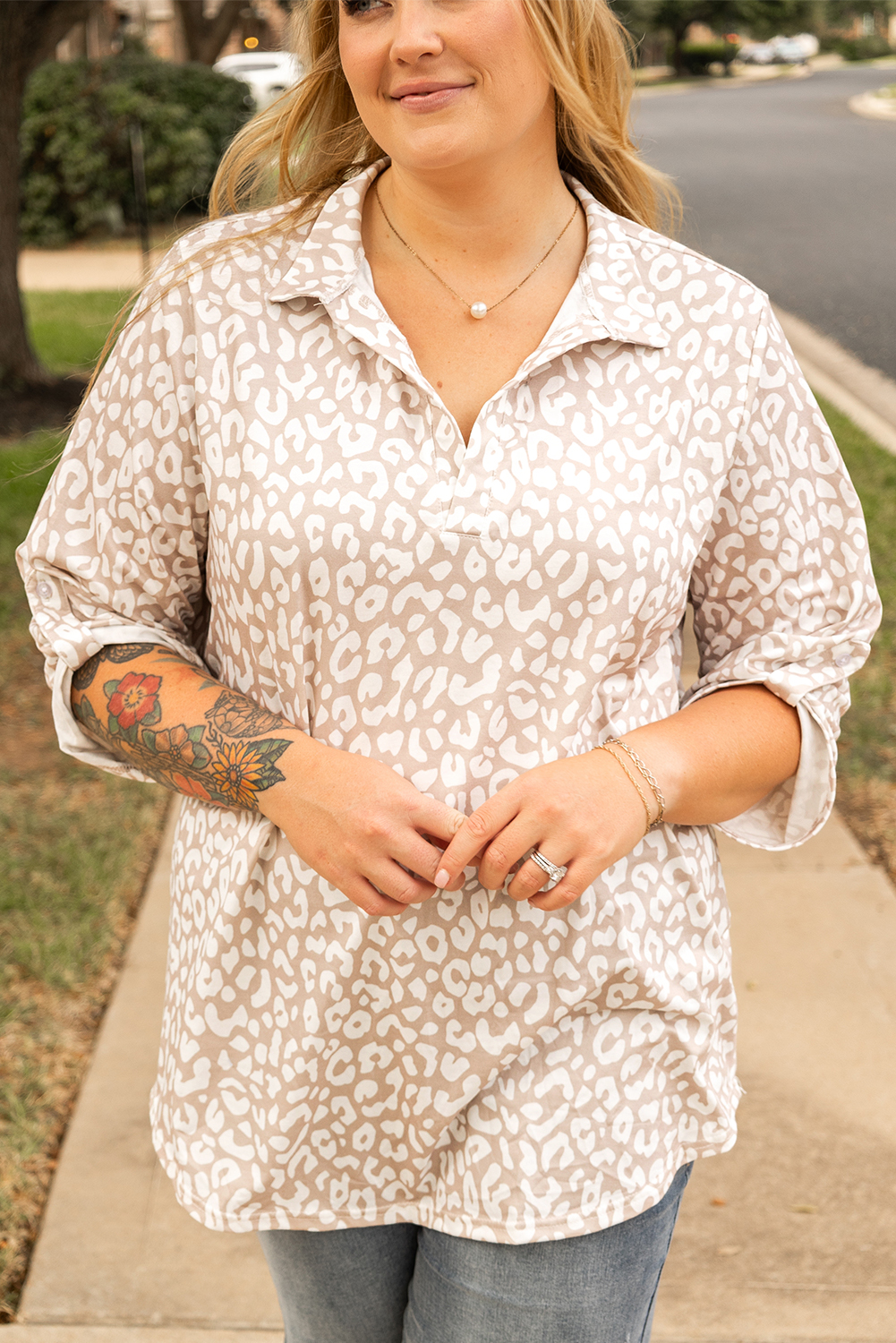 Plus Size Apricot Leopard Tab Sleeve V Neck  Top