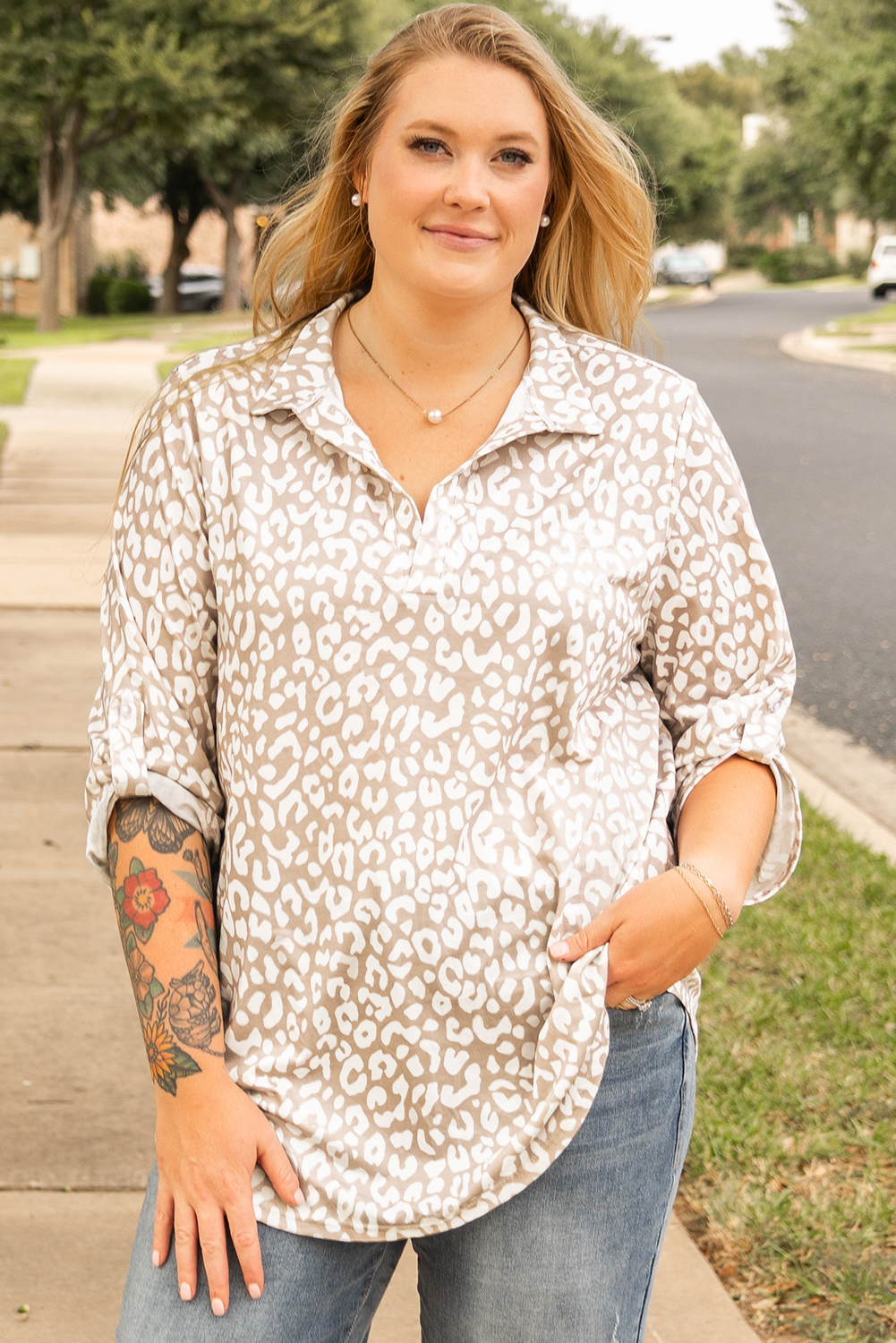 Plus Size Apricot Leopard Tab Sleeve V Neck  Top