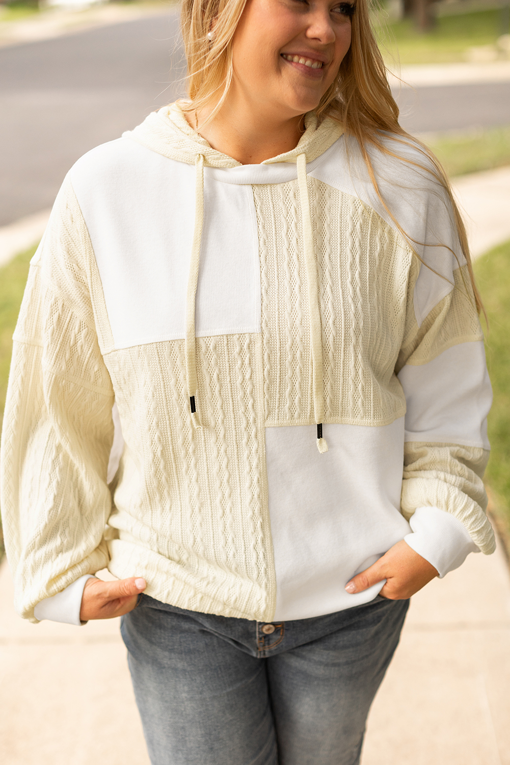 Plus Size Beige Textured Patchwork Exposed Seam  Hoodie