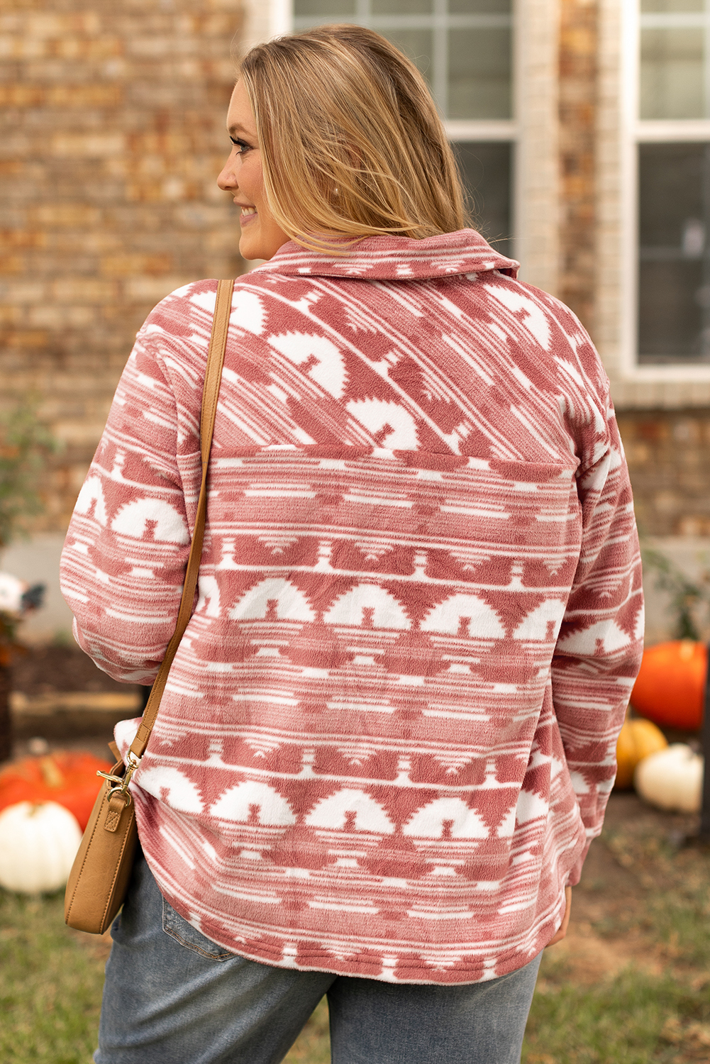 Plus Size Pink  Aztec Print Chest Pocket Shacket