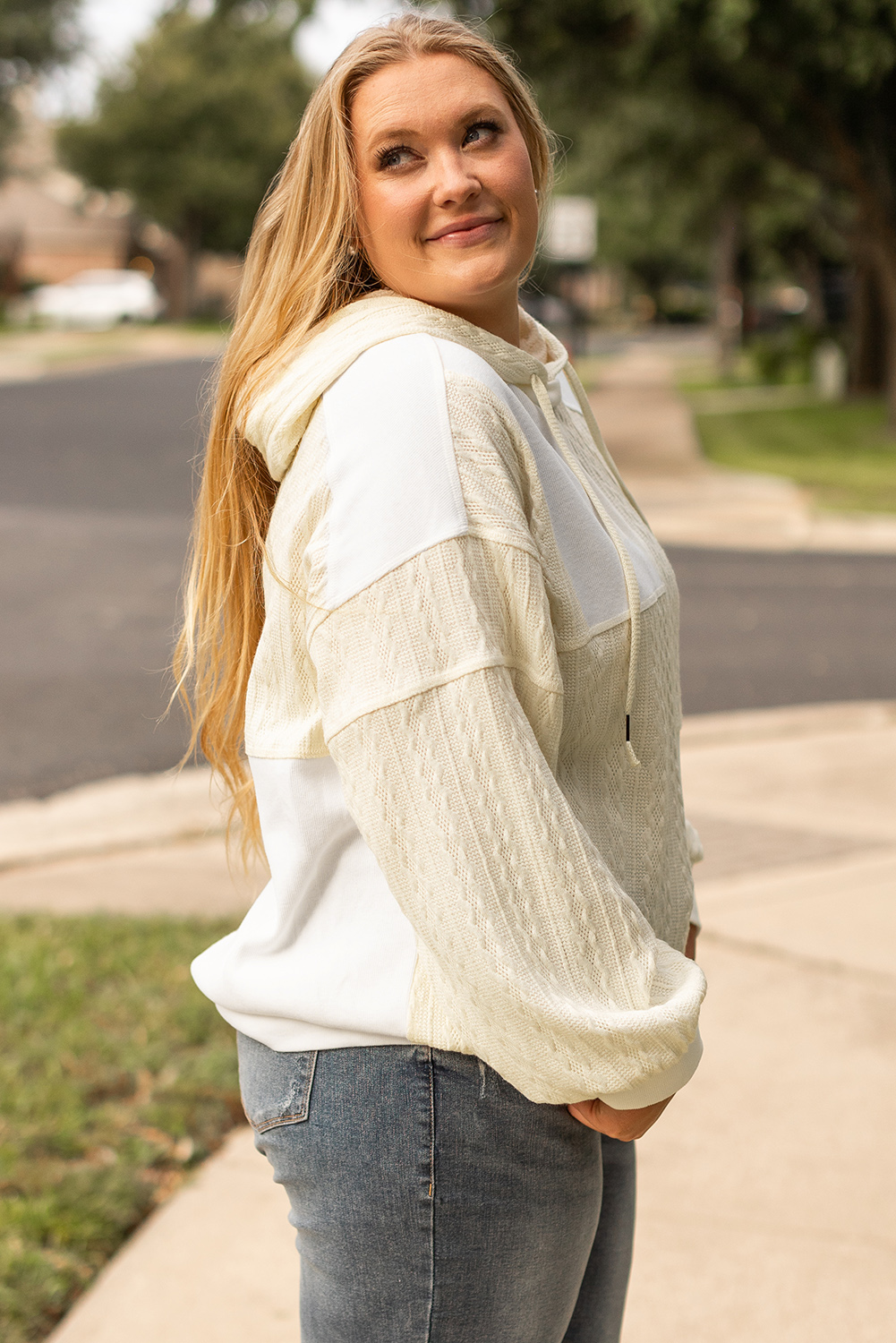 Plus Size Beige Textured Patchwork Exposed Seam  Hoodie