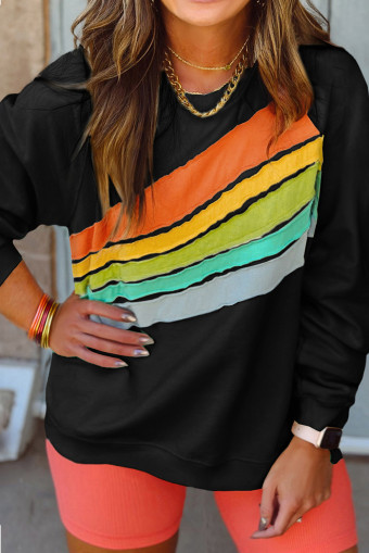 Plus Size Black Rainbow Raglan Sleeve Crew Neck  Sweatshirt