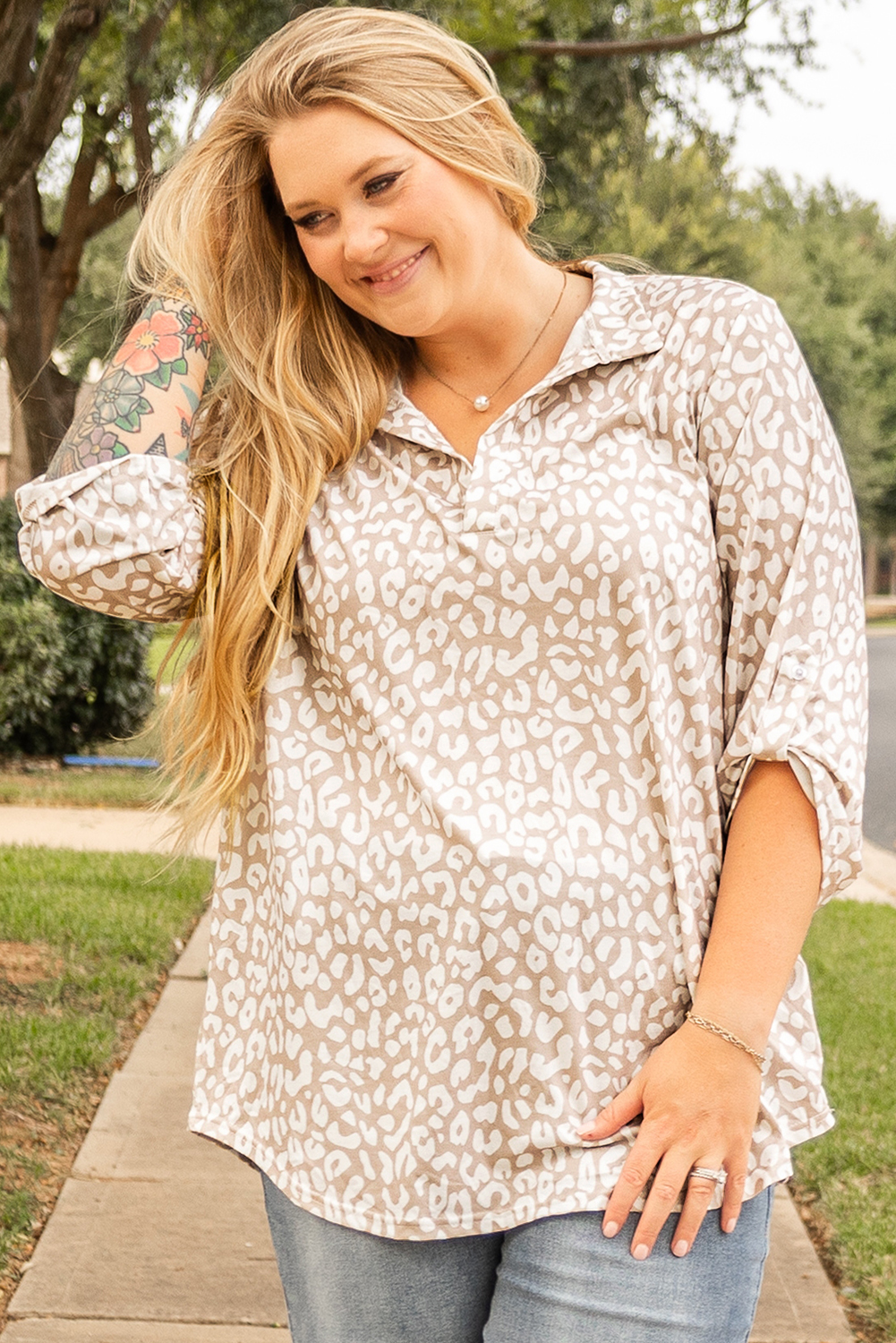 Plus Size Apricot Leopard Tab Sleeve V Neck  Top