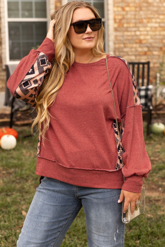 Plus Size Redwood Burl Aztec Patchwork Drop Shoulder  High Low Sweatshirt
