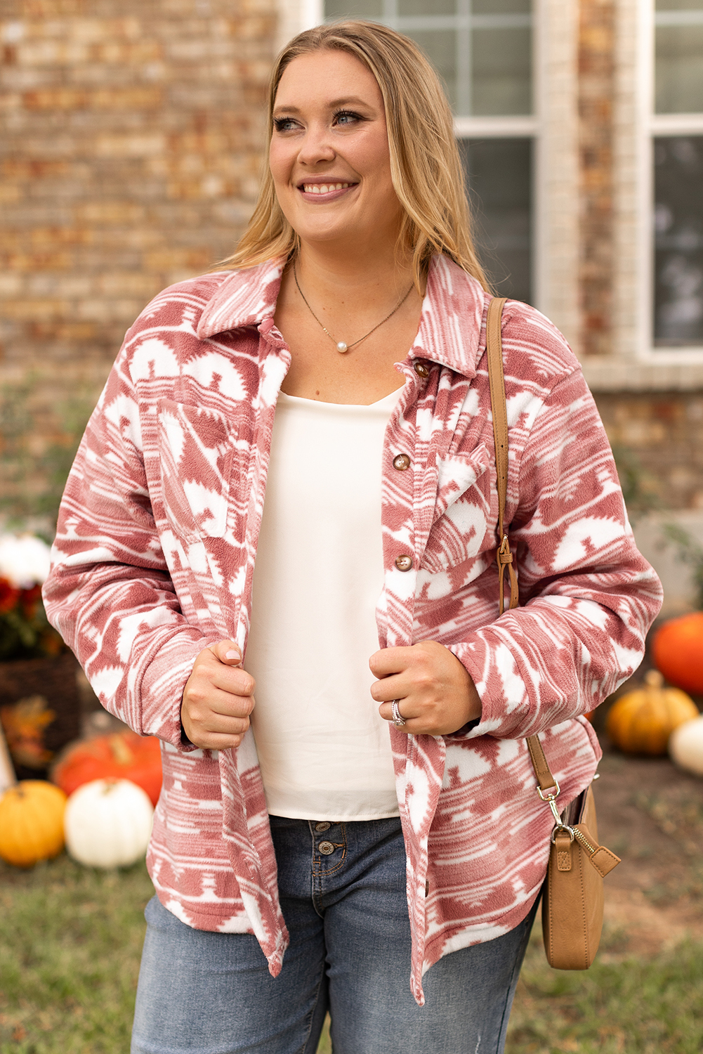 Plus Size Pink  Aztec Print Chest Pocket Shacket