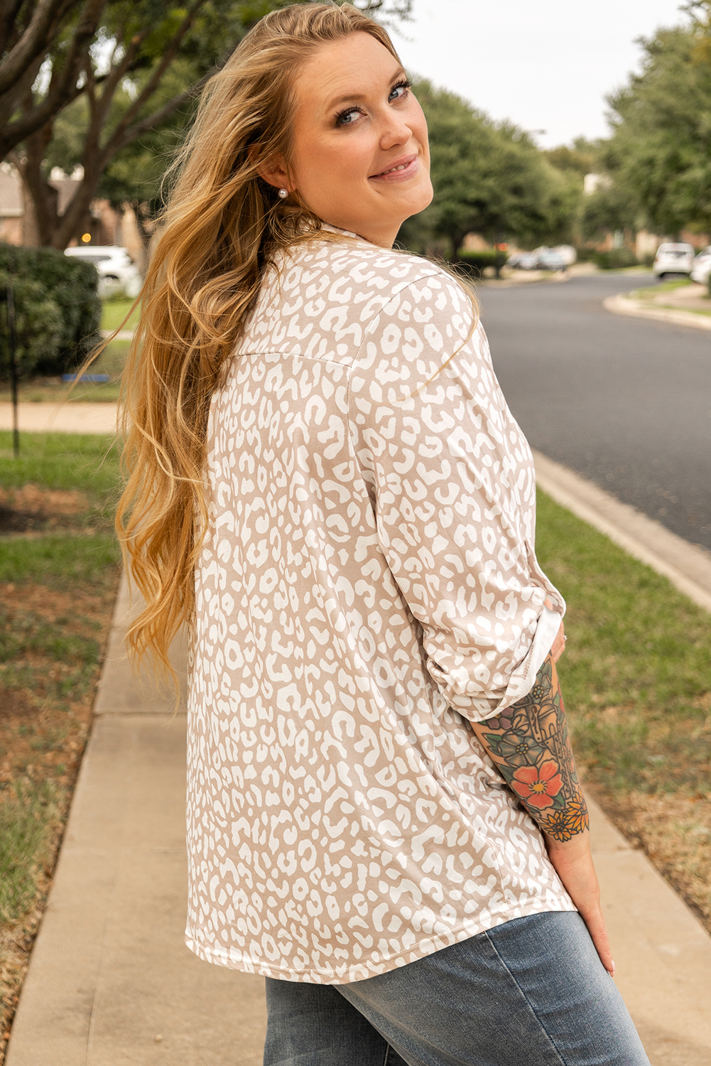 Plus Size Apricot Leopard Tab Sleeve V Neck  Top