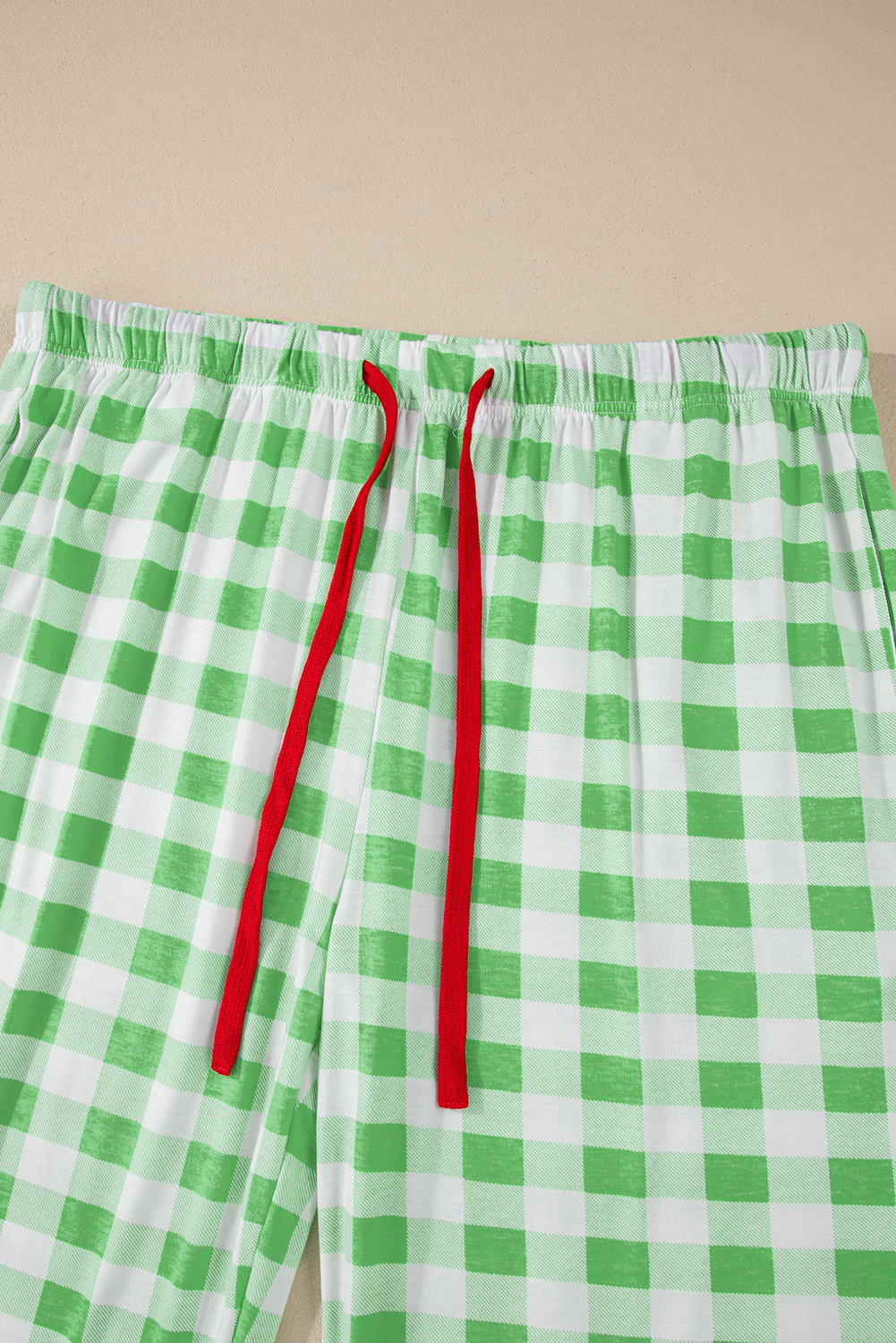 Plus Size Green Plaid Print Contrast Trim Long Sleeve  Pajama Set