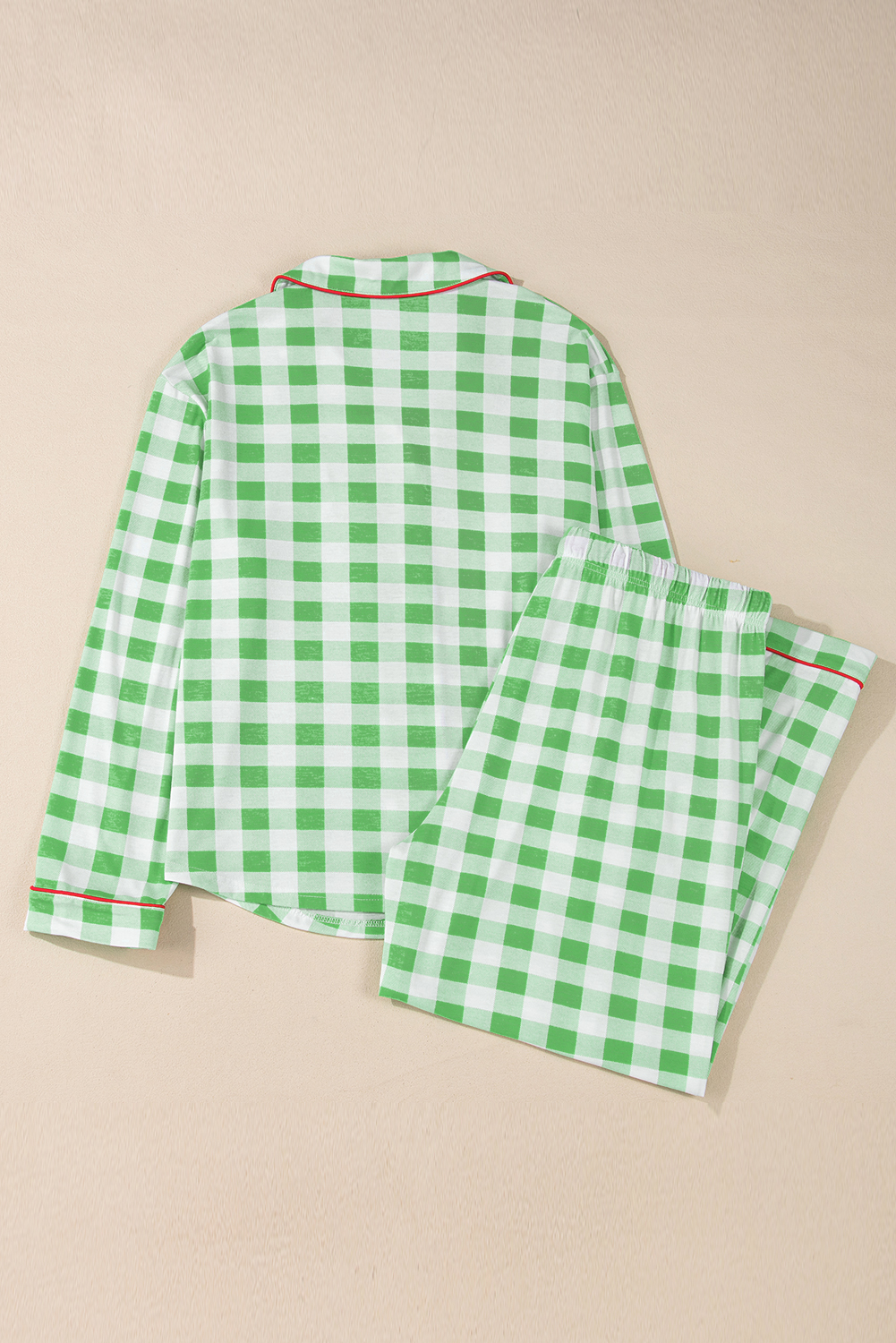 Plus Size Green Plaid Print Contrast Trim Long Sleeve  Pajama Set