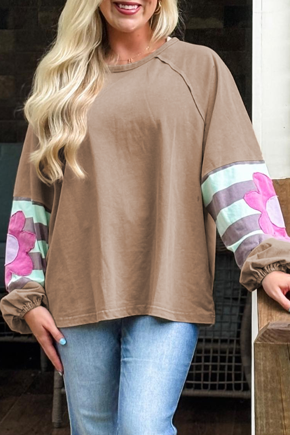Plus Size Light French Beige  Flower Striped Patchwork Puff Sleeve Loose Sweatshirt