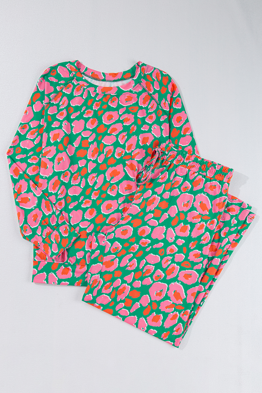 Plus Size Green  Printed Long Sleeve and Pants Lounge Set