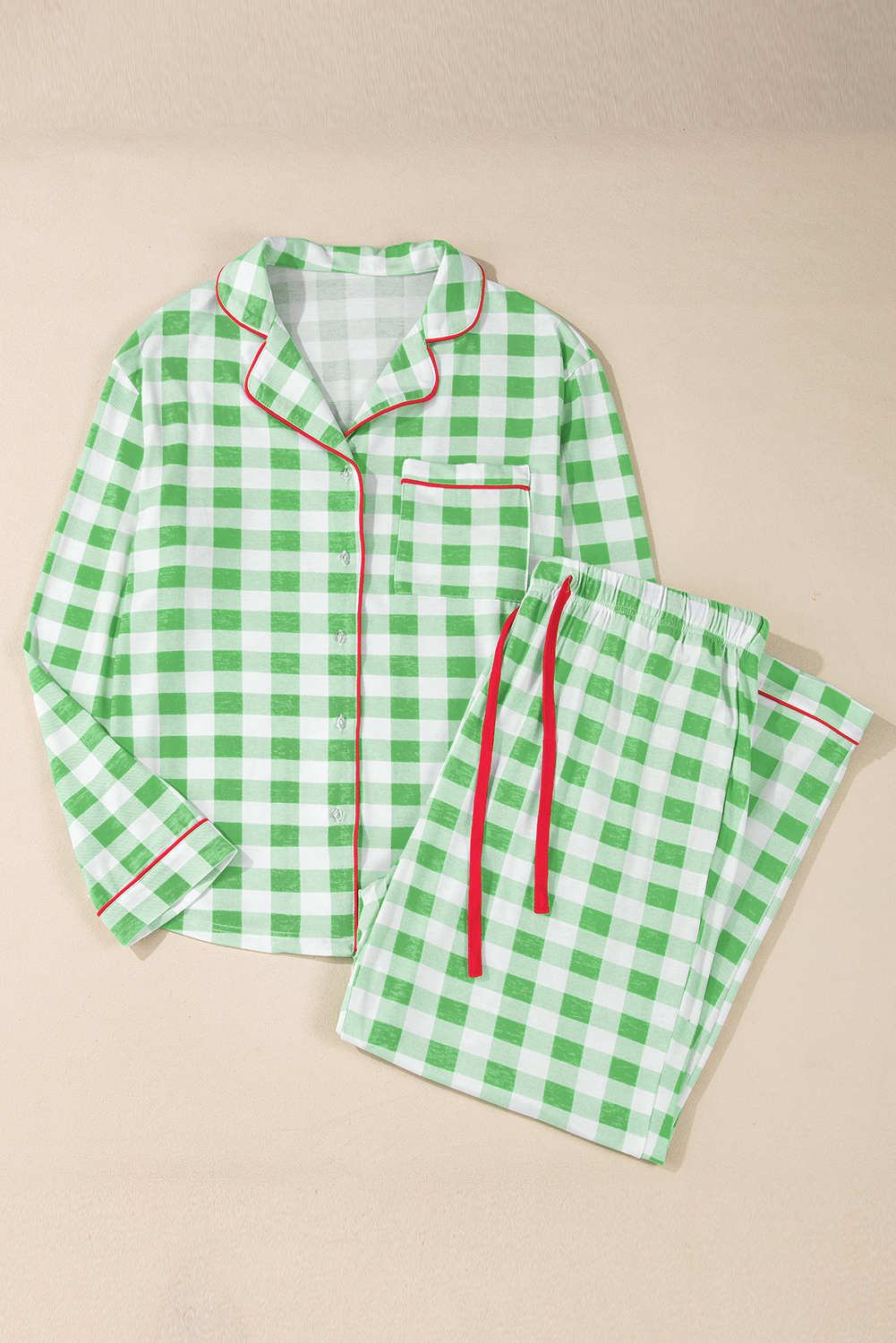 Plus Size Green Plaid Print Contrast Trim Long Sleeve  Pajama Set