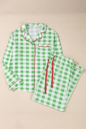 Plus Size Green Plaid Print Contrast Trim Long Sleeve  Pajama Set