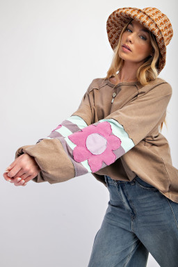 Plus Size Light French Beige  Flower Striped Patchwork Puff Sleeve Loose Sweatshirt