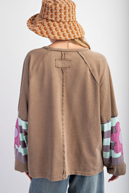 Plus Size Light French Beige  Flower Striped Patchwork Puff Sleeve Loose Sweatshirt