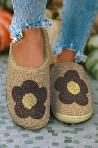 Camel Fuzzy Flower Pattern Homewear Slippers