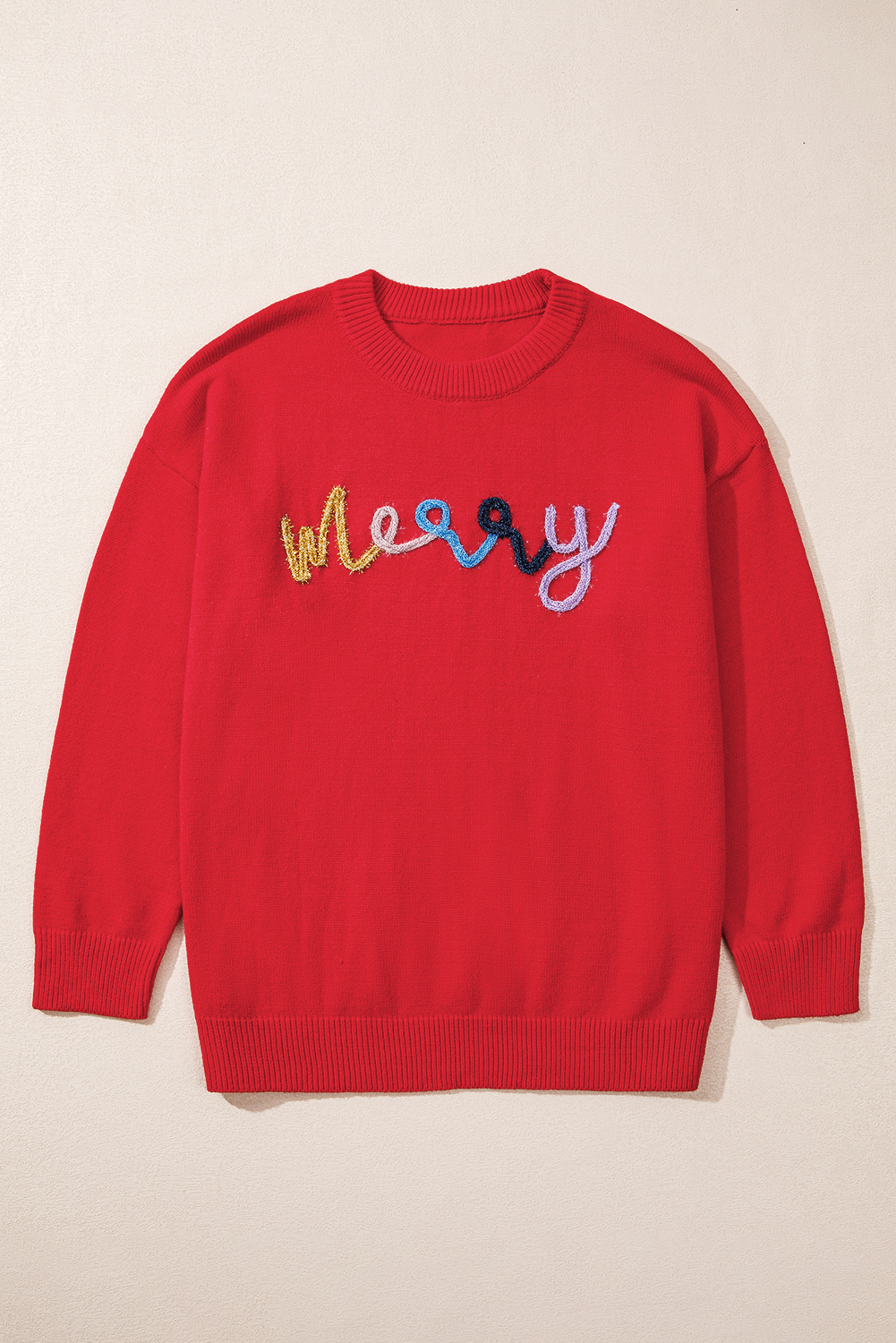 Plus Size Fiery Red Tinsel merry Pattern Drop Shoulder  Sweater