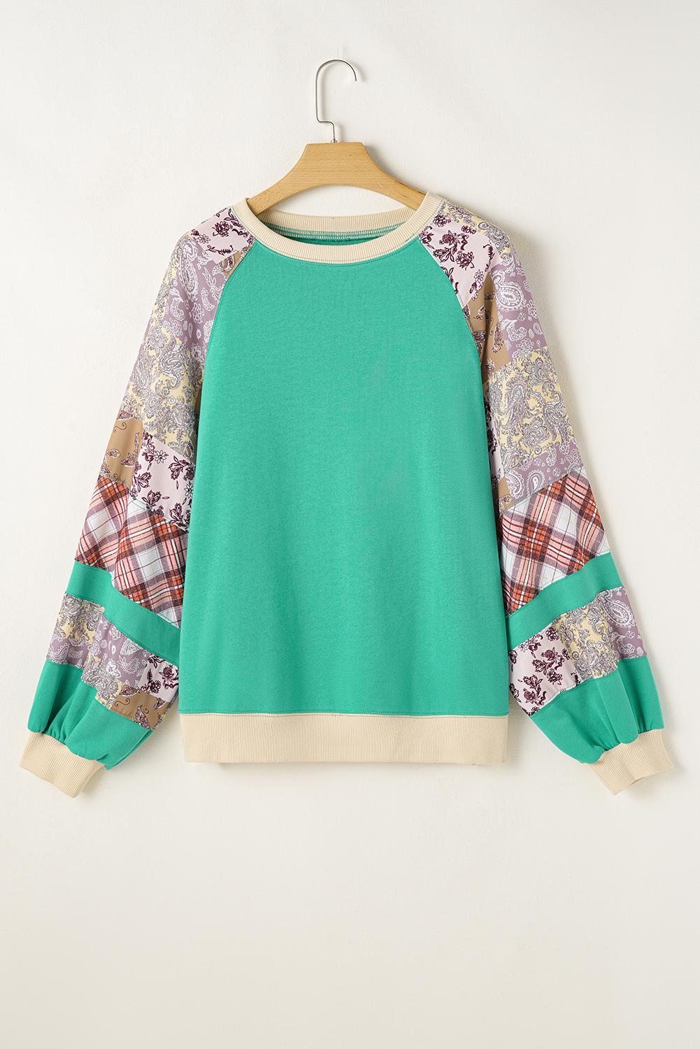 Plus Size Sky Blue  Plaid Floral Patchwork Raglan Sleeve Sweatshirt