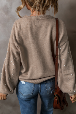 Plus Size Smoke Gray Pearled Drop Shoulder  Sweater