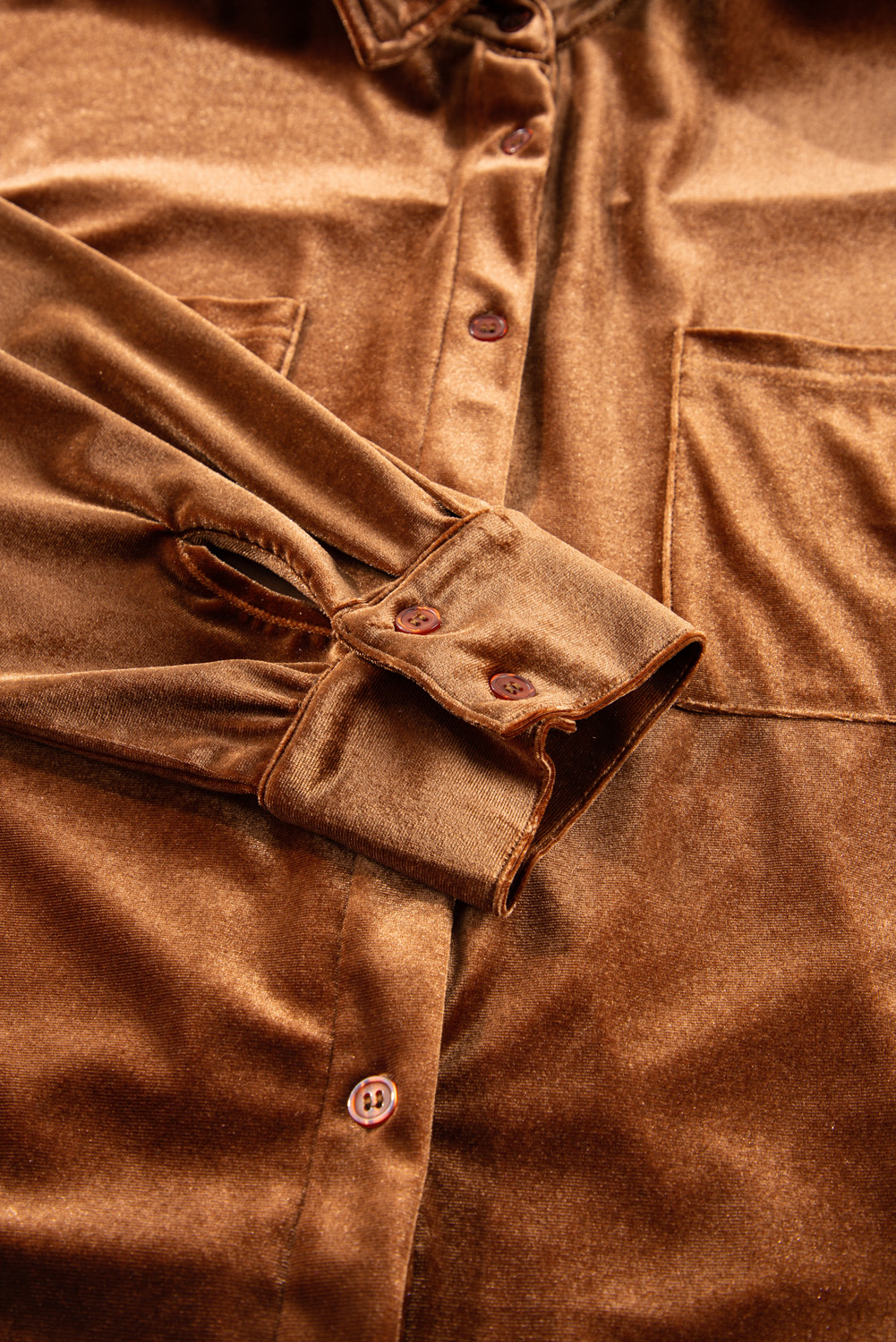 Plus Size Chestnut  Velvet Chest Pocket Drop Shoulder Shirt