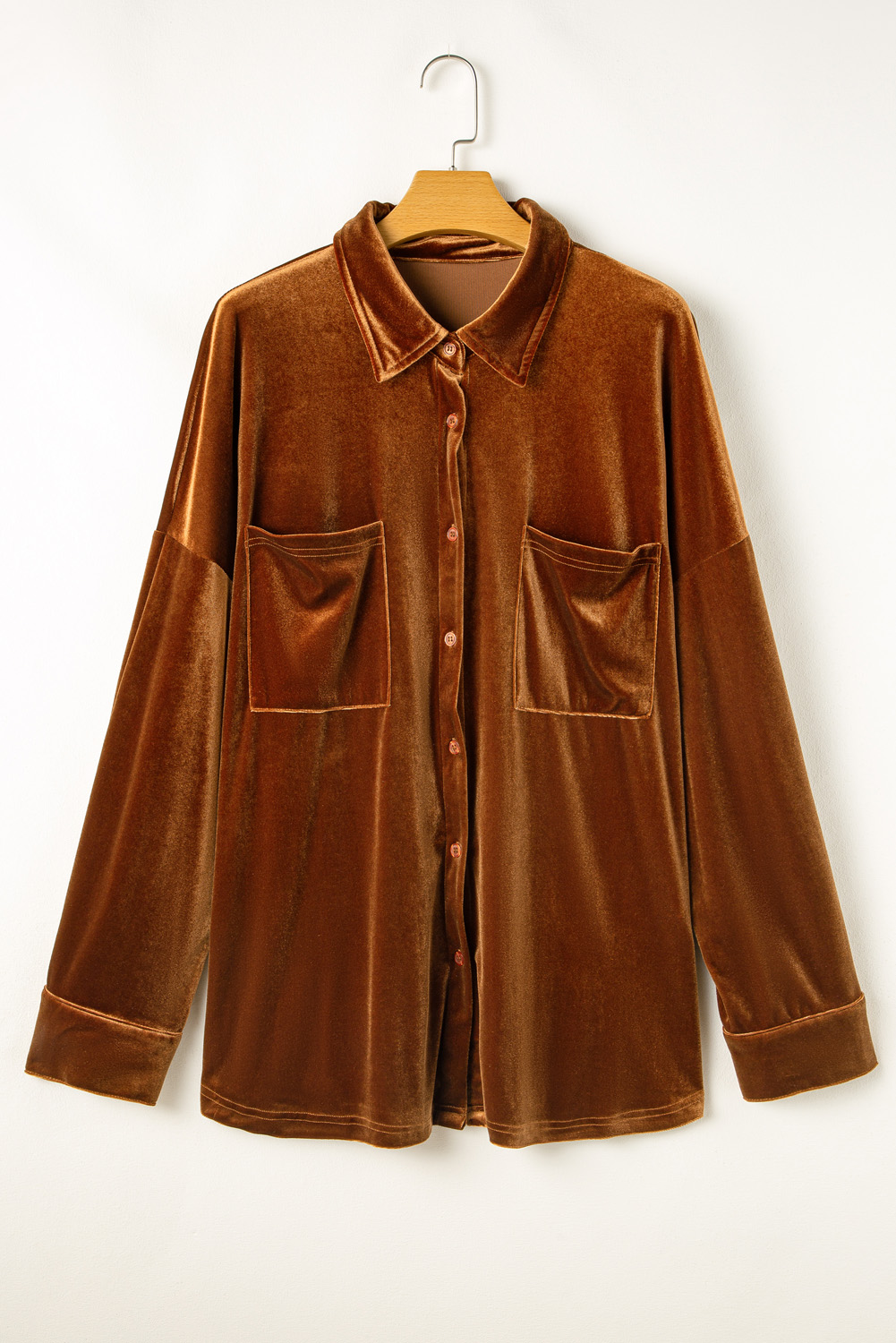 Plus Size Chestnut  Velvet Chest Pocket Drop Shoulder Shirt