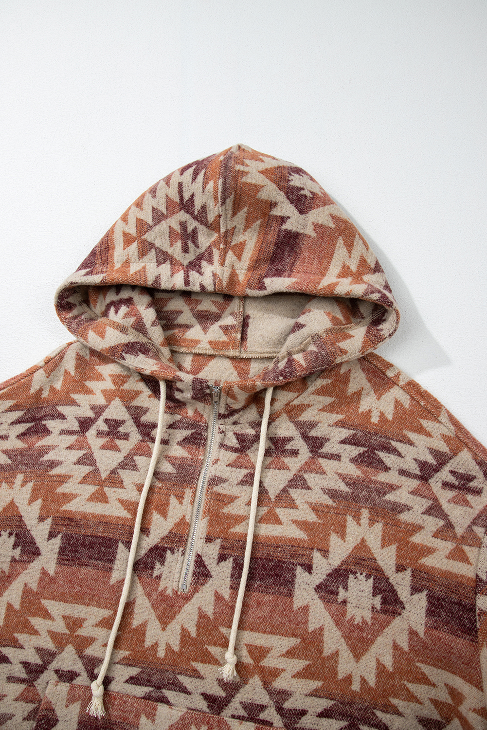 Plus Size Red  Western Fashion Aztec Patterned Half Zip High Neck Hoodie