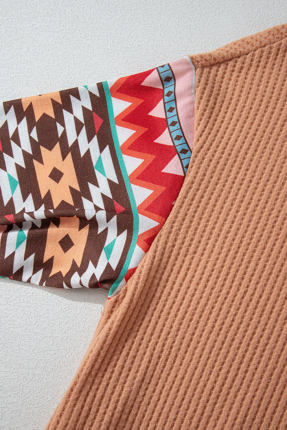 Plus Size Khaki Aztec Patchwork Waffle Knit  Hoodie