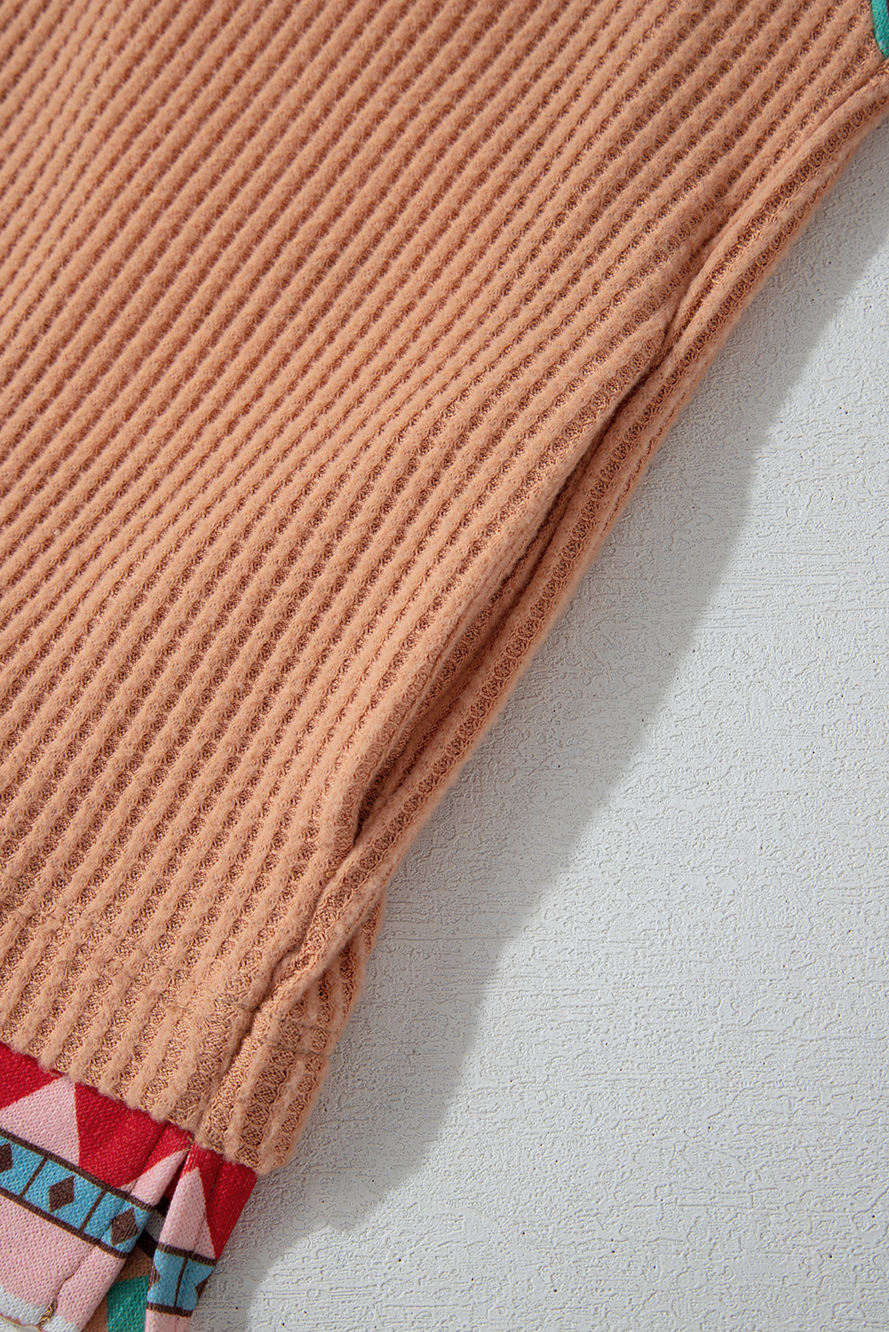 Plus Size Khaki Aztec Patchwork Waffle Knit  Hoodie