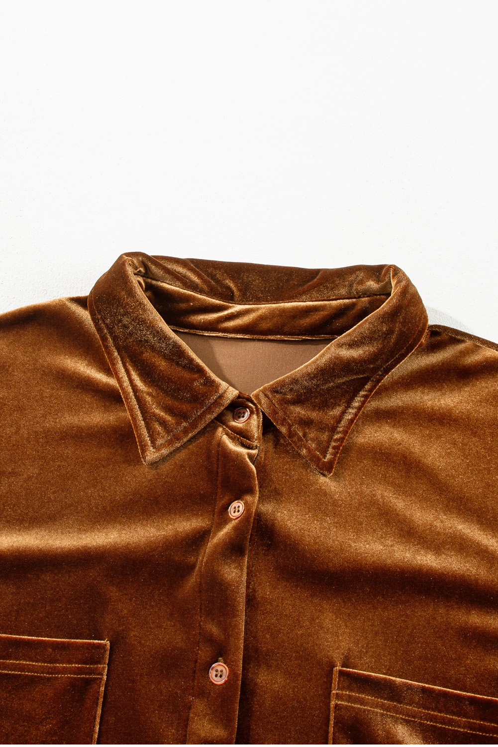 Plus Size Chestnut  Velvet Chest Pocket Drop Shoulder Shirt