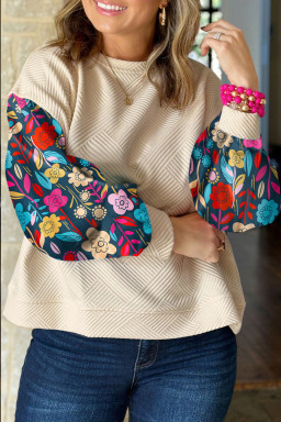 Plus Size White Floral Patchwork Sleeve Textured  Pullover Top