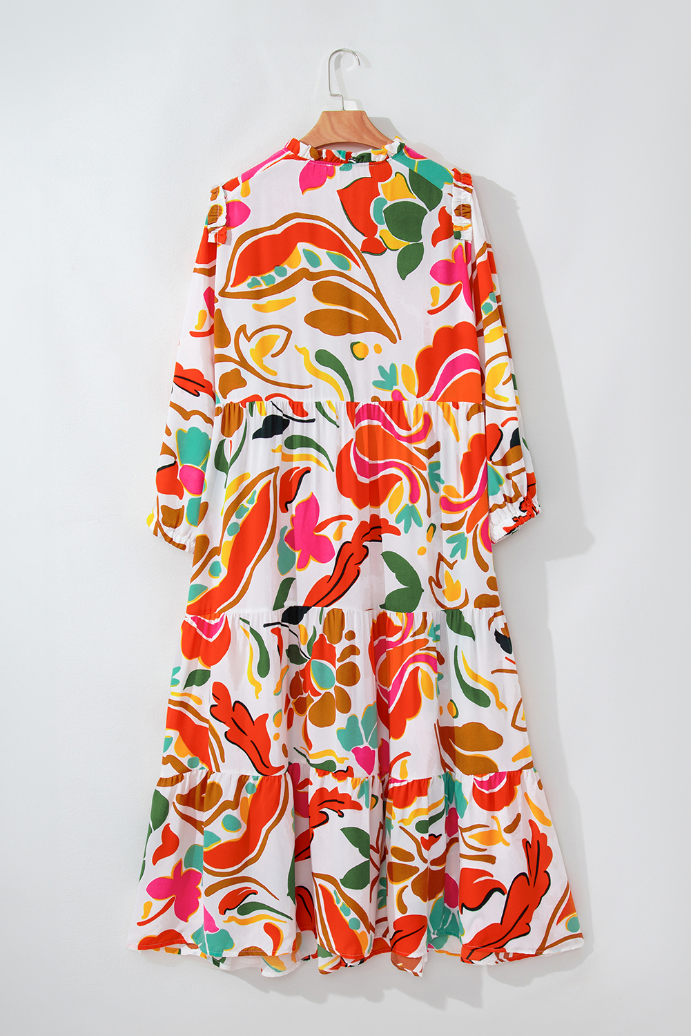 Plus Size Orange Floral Print Drawstring V Neck Tiered  Dress