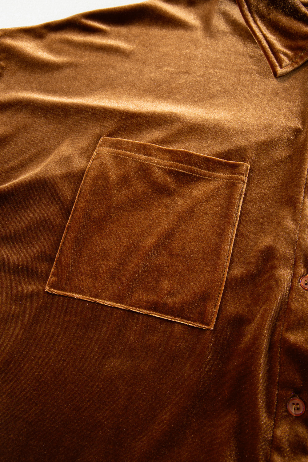 Plus Size Chestnut  Velvet Chest Pocket Drop Shoulder Shirt