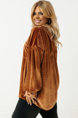 Plus Size Chestnut  Velvet Chest Pocket Drop Shoulder Shirt
