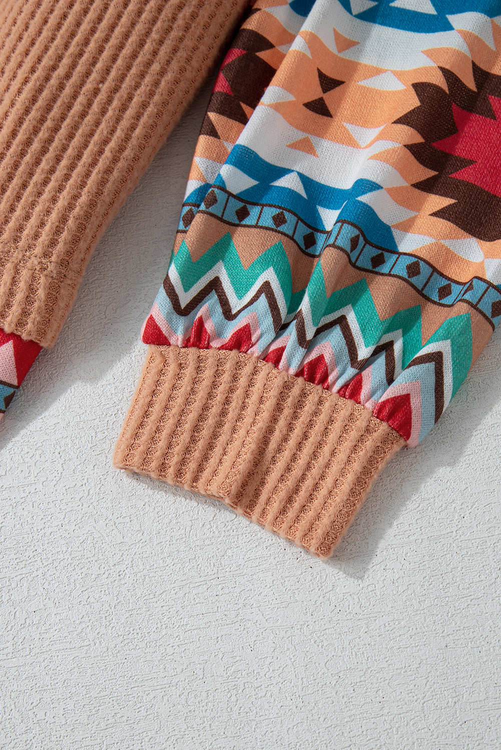 Plus Size Khaki Aztec Patchwork Waffle Knit  Hoodie