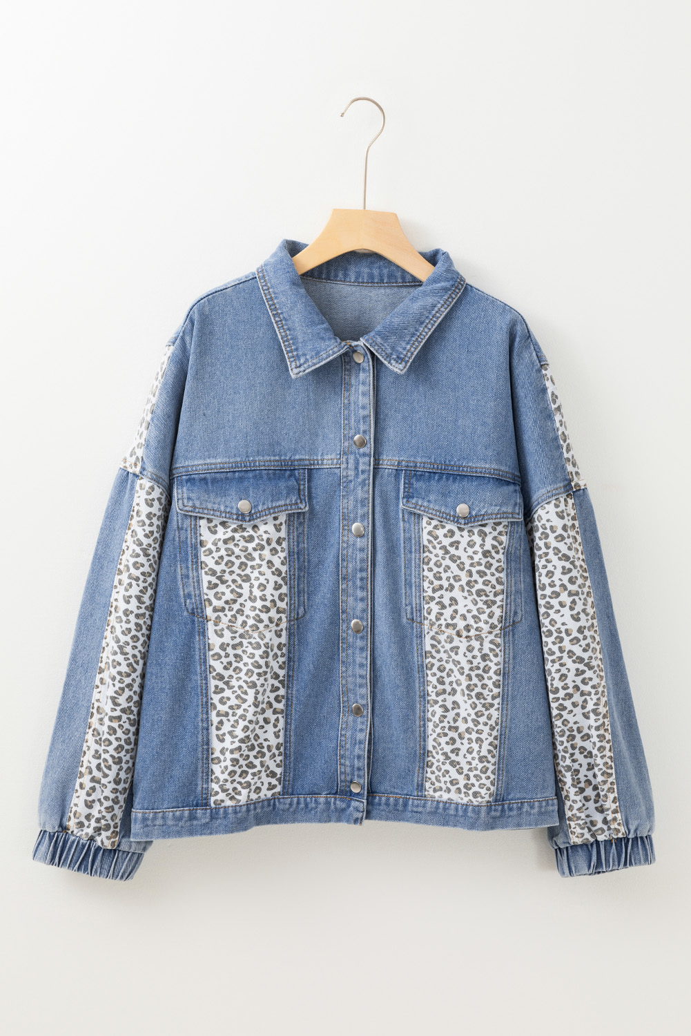 Plus Size Beau Blue Leopard Patchwork Flap Detail  Denim Jacket