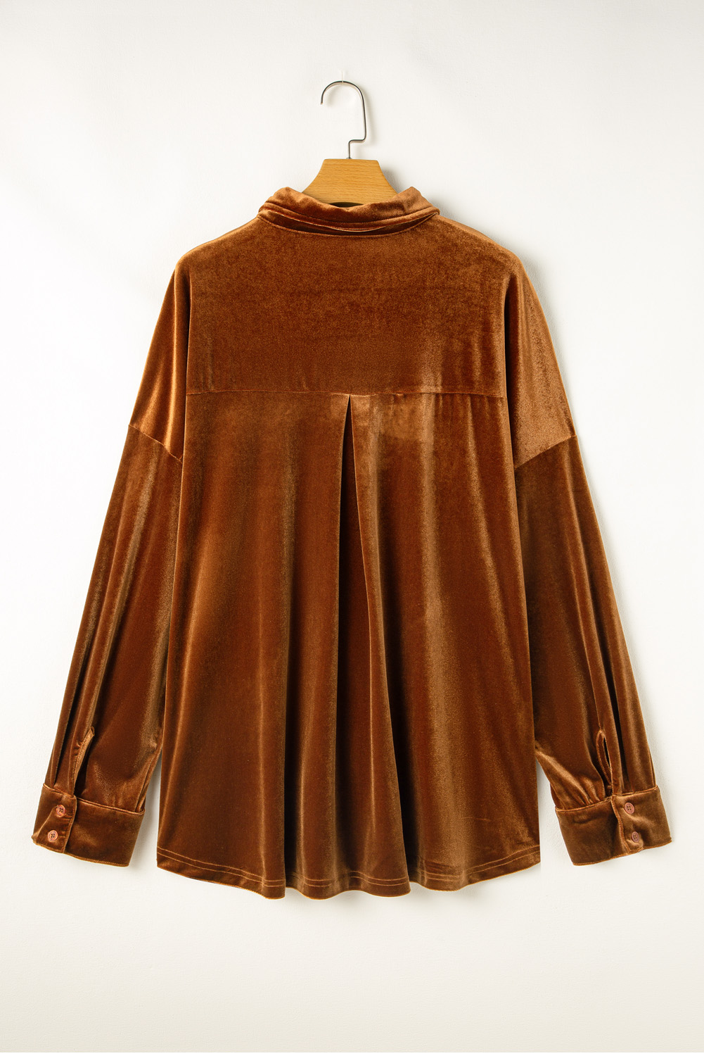 Plus Size Chestnut  Velvet Chest Pocket Drop Shoulder Shirt