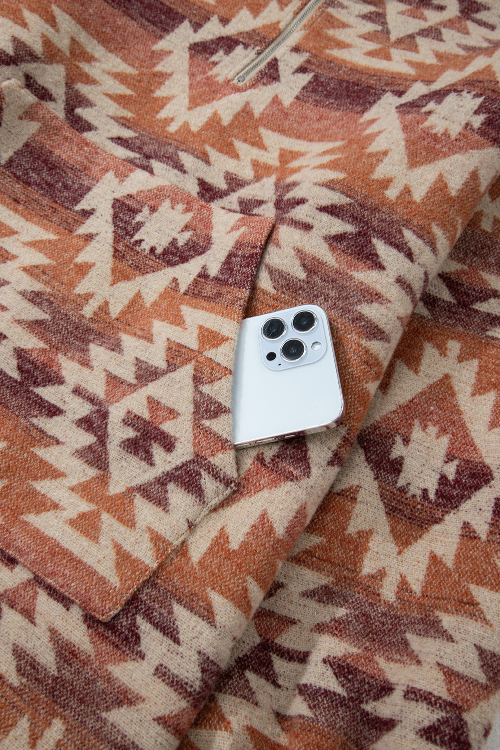 Plus Size Red  Western Fashion Aztec Patterned Half Zip High Neck Hoodie