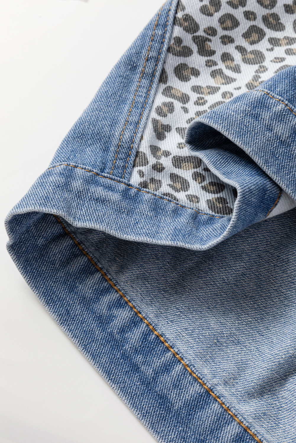 Plus Size Beau Blue Leopard Patchwork Flap Detail  Denim Jacket