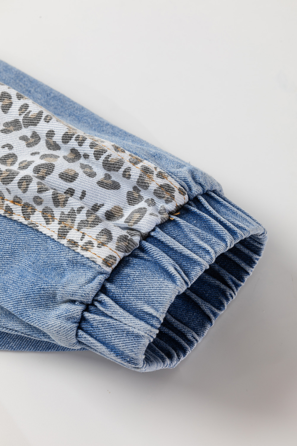 Plus Size Beau Blue Leopard Patchwork Flap Detail  Denim Jacket